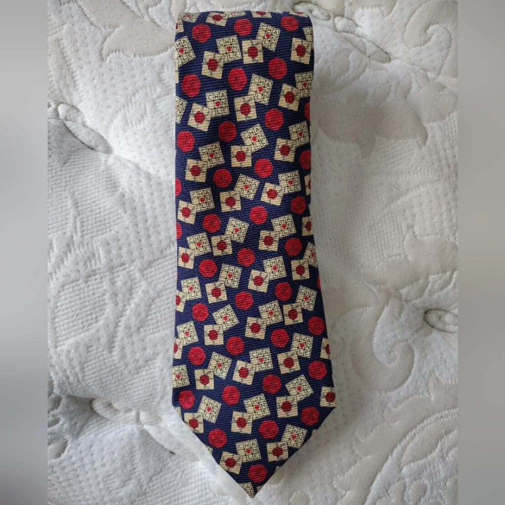 Silk Chanel Blue, Red, and Tan Tie EUC